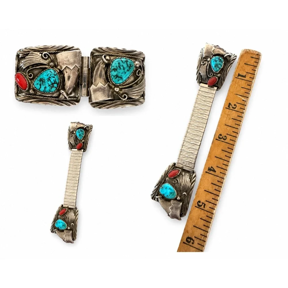 Vintage Navajo Sterling Silver Turquoise Coral Bear Claw Watch Band Old Pawn DDC